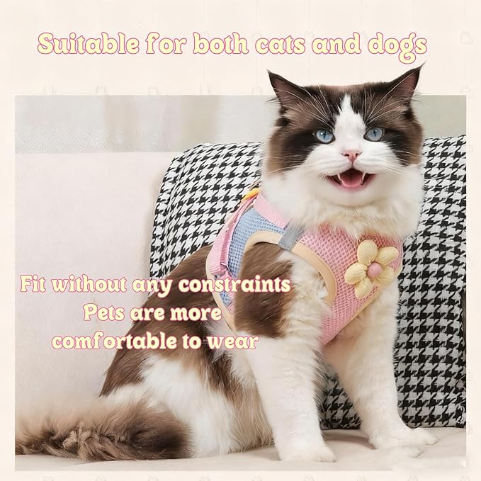 Floral Mesh Dog Harness with Matching Leash, Lightweight Pet Vest,Suitable for Small and Medium-Sized Cats and Dogs to Wear， Pink/Yellow (Pink, L:16-20lbs)