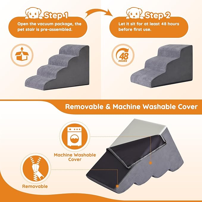 Dog Stairs for Small Dogs, 4-Step Dog Ramp for Bed 19.7" H, Dogs Steps for Bed, Couch, Pet Stairs with Non-Slip Bottom Design, Cat Scratching, High Density Foam Portable Pet Steps, Indoor, Grey
