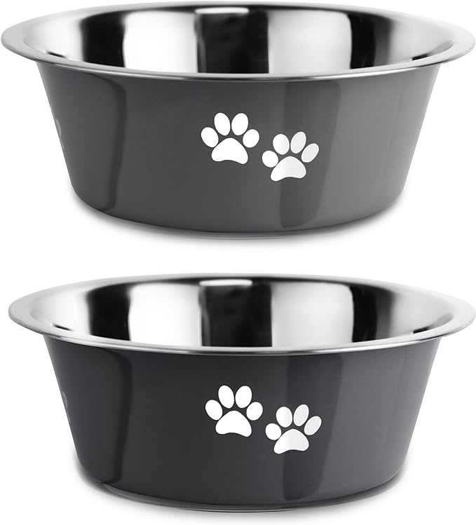 Stainless Steel Dog Bowls, Nonslip Rubber Bottom No Spill Proof Skid Metal Insulated Dog Bowls for Large Medium Small Breed Dogs (Grey, 6.6 Cups/53 OZ)