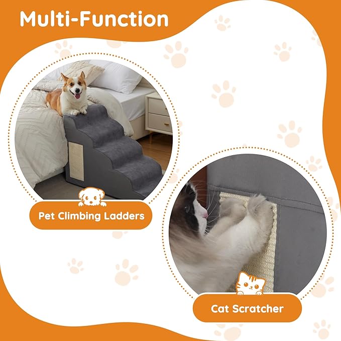 Pet Stairs, Dog Stairs for Small Dogs, Dogs Steps, 5-Step Curved Dog Ramp for Bed, Couch, Sofa, Car and Chairs, Non-Slip Bottom Design, Cat Scratching Board, High Density Foam Portable Pet Step, Grey