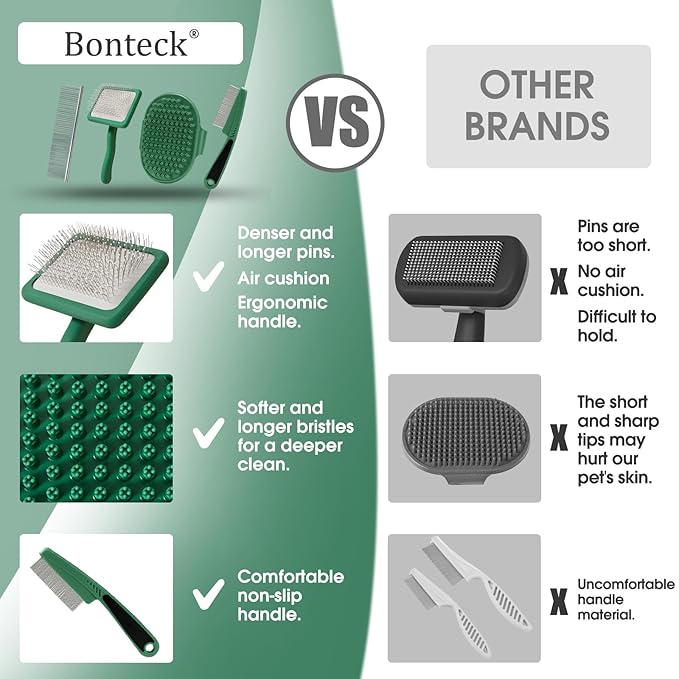 Dog Slicker Brush for Dogs Grooming Kit 4PCS | Large Dog Brush for Goldendoodles Poodles Doodles | Long Pin Haired Brush | Poodle Brushes and Comb (Green)