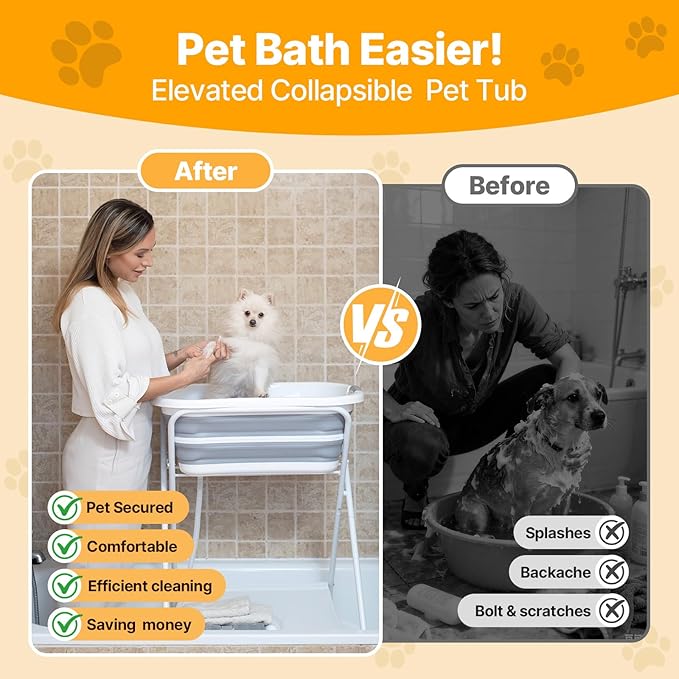 2 in 1 Dog Bath Tub Dog Washing Station with Bath Brush for Bathing and Grooming, Elevated Collapsible Foldable Portable Shower Bathtub for Small Dogs Cats Pet with Scrubber