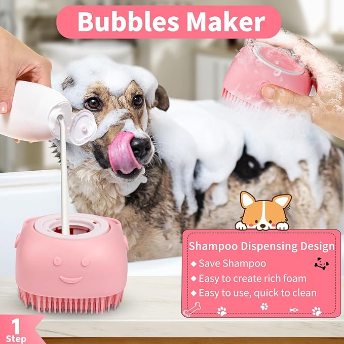 Comotech 6PCS Dog Bath Brush & Dog Toothbrush | Adjustable Handle Shampoo Brush & Scrubber for Short & Long Haired Dogs & Cats | Effectively Solve Odor & Stain Removal Problems (Pink Red Pink)