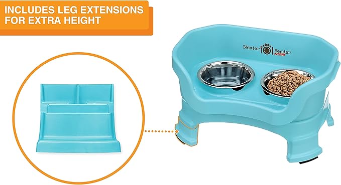 Neater Feeder Deluxe Mess Proof Dog Bowls Elevated for Small Breeds – Made in USA – No Spill Raised Dog Food Bowl Stand w/Leg Extensions – Stainless Steel Dog Food and Water Bowl Set – Teal