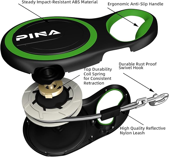 PINA Retractable Dog Leash, 10ft Dog Leash for Small Dogs Up to 33lbs, 360° Tangle-Free Strong Reflective Nylon Tape, with Anti-Slip Handle, One-Handed Brake, Lock - Black Green