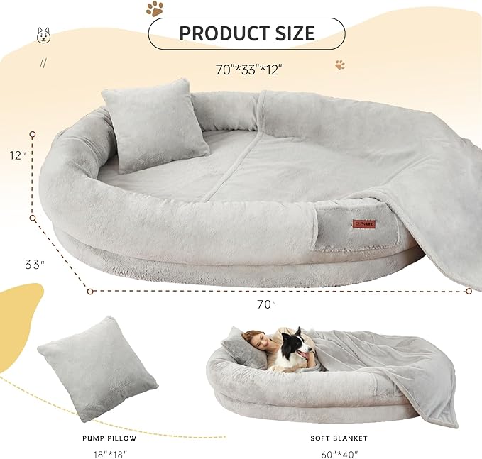 Human Dog Bed for Adult Kids, 70"x33"x12" Washable Faux Fur Human Size Dog Bed for People Doze Off, Grey