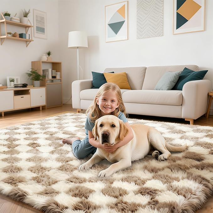 Checkered Rug for Bedroom, 3x7 Beige and White Area Rugs, Classic Checkered Carpets Shaggy Area Rug, Bedside Rugs for Living Room Bedroom Kids Room Home Decor