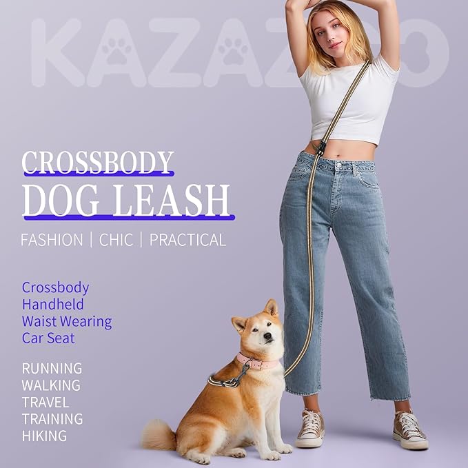 Kazazoo Hands-Free Dog Leash Adjustable Length 5-8 Ft, Waist for Dog Walking, Running for Small &Medium Dogs with Reflective Strips, Ballistic Nylon, Waist Belt, Lightweight Purple