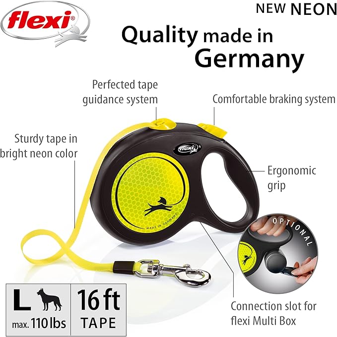 FLEXI New Neon Tape Retractable Dog Leashes for Large Dogs Upto 110 lbs. – 16 ft., Neon Yellow/Black | Tangle Free Pet Walking Leash with One-Handed Brake, Pause, Lock|German Quality Product
