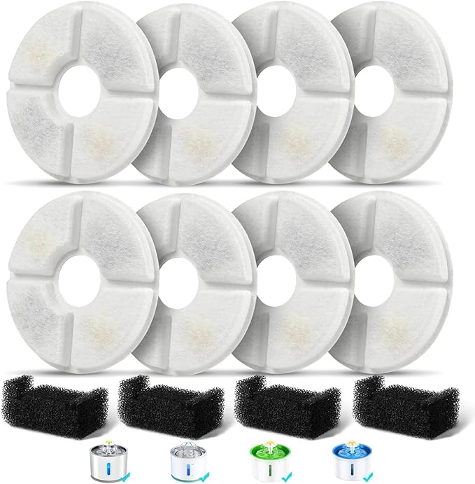 Filters Replacements for Flower Automatic Pet Fountains, Cat and Dog Water Fountain Replacement Parts, Cat Water Fountain Filters for 81oz/2.4L Round Fountains (8 Filters+4 Sponges)