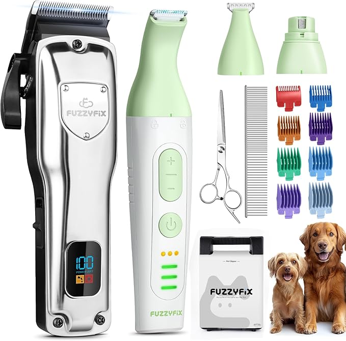 Dog Grooming Kit, Dog Clippers for Grooming for Thick Heavy Curly Coats, Professional Pet Paw Trimmer with Nail Grinder Low Noise Rechargeable Stainless Steel Hair Trimmer for Dogs Cats