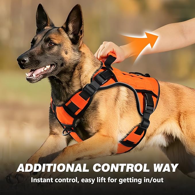 WINGOIN Orange Tactical Dog Harness for Large Dogs, Heavy Duty No Pull Dog Harness with Handle, Adjustable Reflective Military K9 German Shepherd Big Size Dog Vest for Walking, Training, Hunting (L)