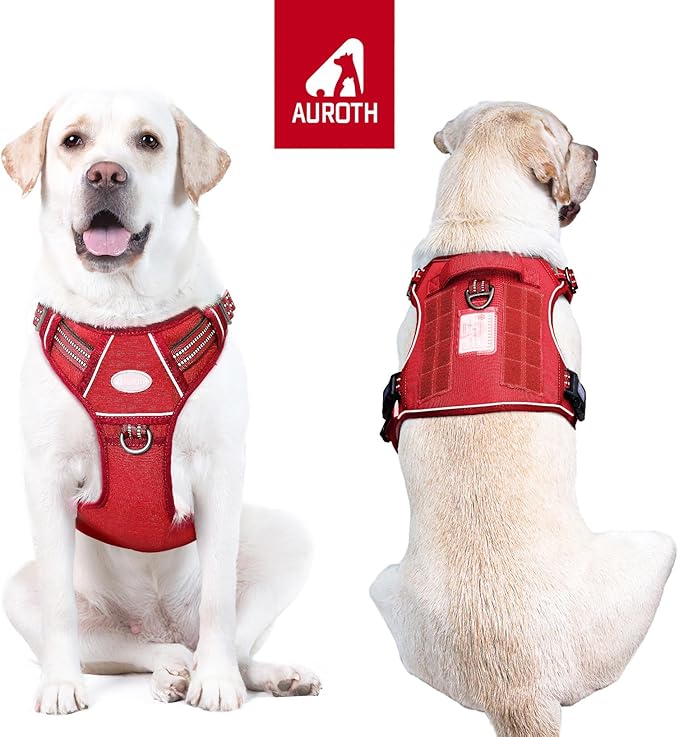 AUROTH Tactical Dog Harness for Large Dogs No Pull Adjustable Pet Harness Reflective K9 Working Training Easy Control Pet Vest Military Service Dog Harnesses Red L