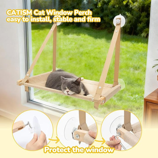 CATISM Cat Window Perch - Cat Hammock for Window, Soft Seat Machine Washable, Solid Wood Frame, 4 Suction Cups, Hammock Bed for Cats Inside(23.43x14.5In) L