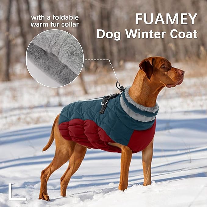 FUAMEY Dog Coat for Large Dogs,Waterproof Dog Winter Jacket with Harness Built in Puppy Cold Weather Coats Reflective Pet Vest with Zipper Warm Fleece Dogs Snowsuit Windproof Dark Blue XXXL