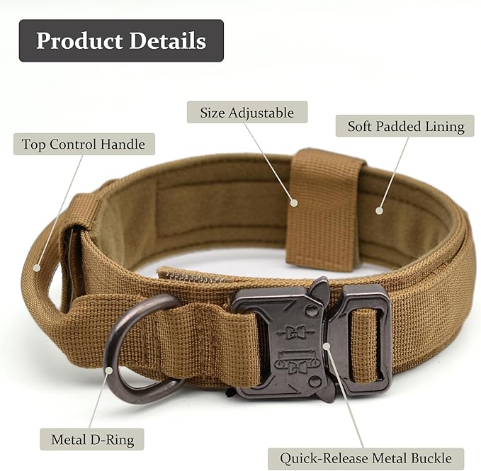 Tactical Dog Collar, Adjustable Military Training Nylon Dog Collar with Control Handle and Heavy Quick-Release Metal Buckle for Small Medium Large Dogs, Brown M