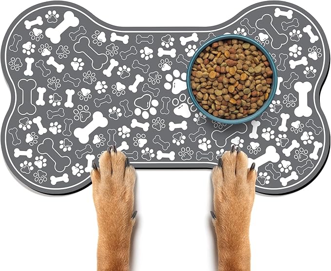 Dog & Cat Food Mat Bone Shaped Pet Feeding Mat Quick Absorb Water Bowl Placemat with Rubber Backing Indoor Floor Stain Resistant Pet Accessory Supplies (Dark Gray, 17x29 Inches)