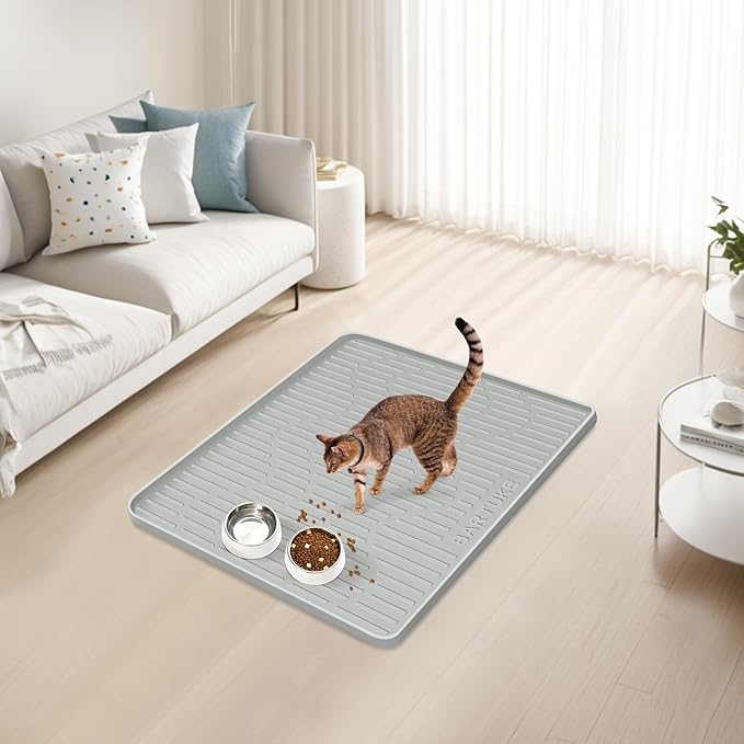 Silicone Cat & Dog Food Mat, 27" x 27" Large Pet Feeding Mat for Cats and Dogs Bowl, Pet Placemat for Food and Water with Raised Edge, Waterproof, Leakproof (Grey)