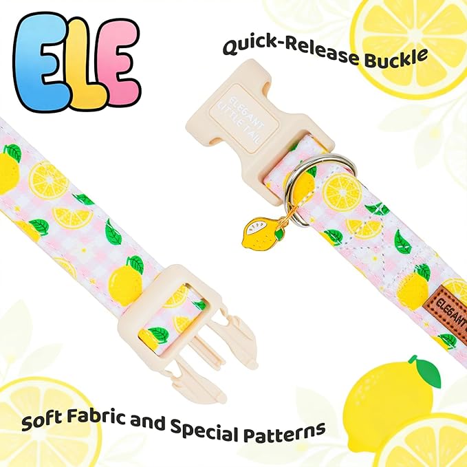 Elegant little tail Dog Collar, Pink Lemon Print Spring/Summer Soft Cotton Puppy Collars Adorable Female Pet Gift Lightweight Plastic Adjustable Dog Collar for Medium Dogs