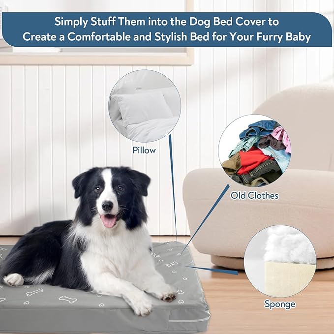 Waterproof Dog Bed Cover, Removable Dog Bed Covers Replacement Washable with Smooth Zipper, Indoor/Outdoor, Bone Print 32 x 44 x 4 Inch for Dog/Cat, Cover Only