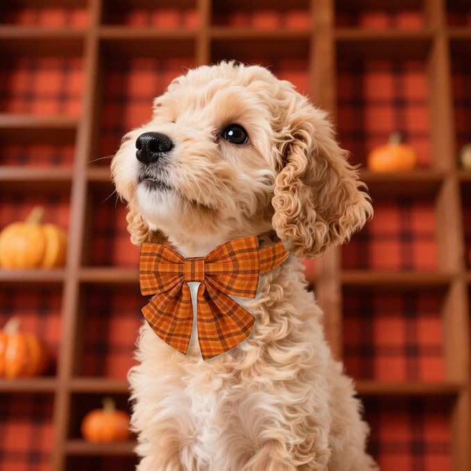 Maca Bates Fall Pumpkin Plaid Dog Collar with Sailor Bow Tie for Large Girl,Boy,Autumn Checkered Puppy Collars with Bowtie,Halloween Gingham Print Adjustable Breakaway Soft for Male Female Dogs