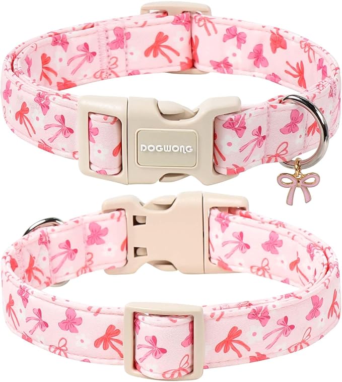 DOGWONG Pink Dog Collar, Cute Flower Girl Female Dog Collar Adjustable Soft Bowtie Print Pet Dog Collar for Small Dogs,S