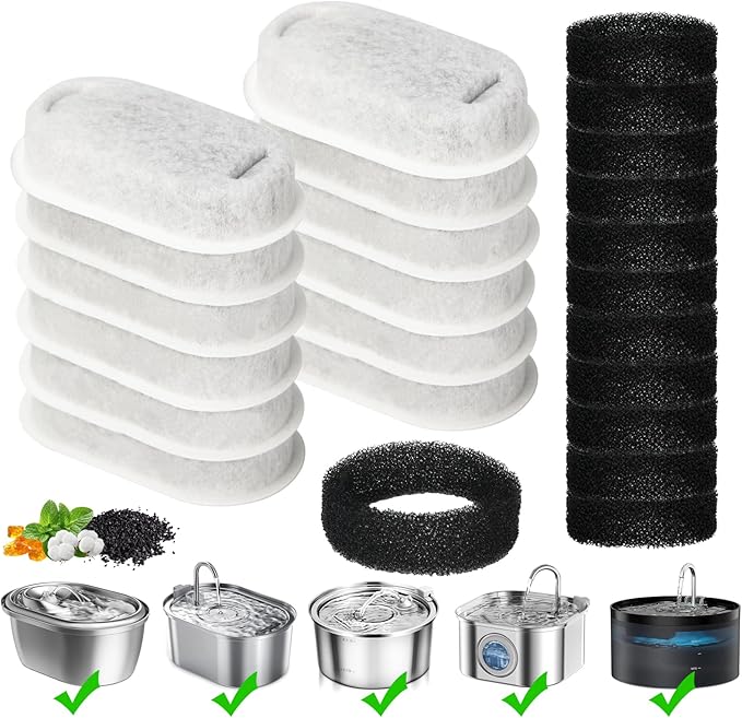 Cat Water Fountain Filter, 24-Pack Filters Replacement for 67oz/2L & 108oz/3.2L Stainless Steel Cat Water Fountain, 4-Layer Filtration Pet Filter (12 Filters & 12 Sponges)