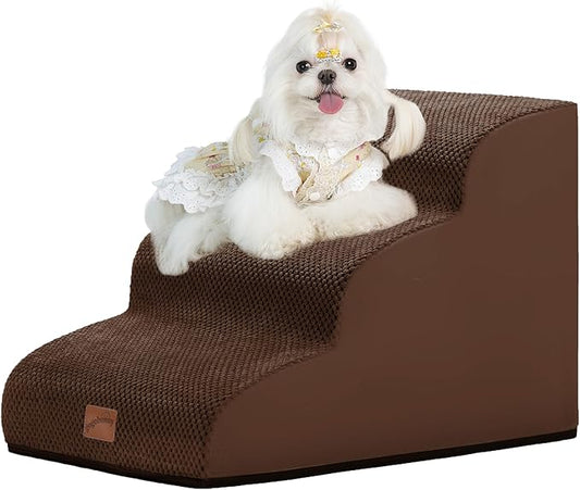 gogobunny Ramp Cat Dog Stairs for Beds, Cat Slope Stairs with Durable Waterproof Fabric Cover, Pet Steps for Old Large Dogs Climbing (Brown, 3-Step (22.4" D x 15.7" W x 15.7" H), 3)