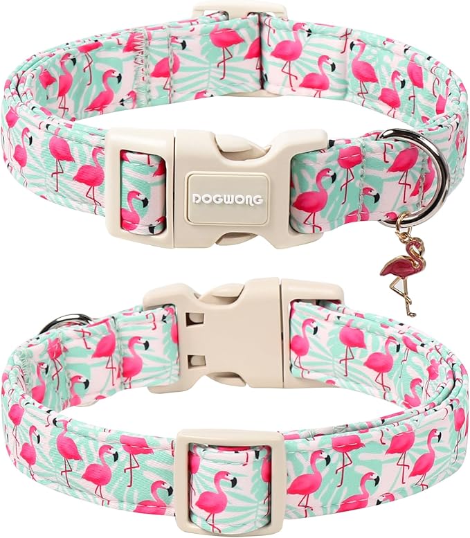 DOGWONG Pink Flamingo Dog Collar Spring Puppy Collars for Small Girl Boy Dogs Durable Soft Adjustable Dog Collar for Small Medium Large Dogs,S