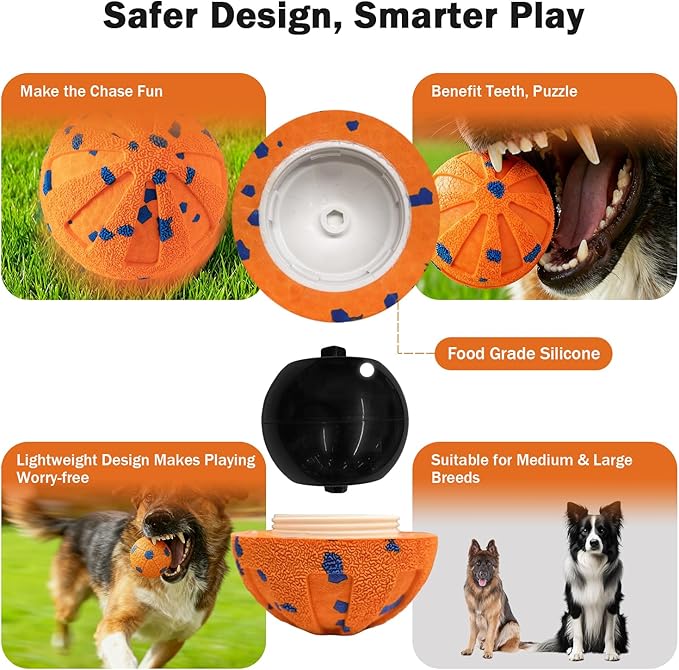Interactive Dog Ball Toy for Medium Large Dogs, Durable E-TPU Bouncing Ball with Rechargeable Battery, Waterproof for Outdoor Play, Keeps Dogs Engaged (Orange)