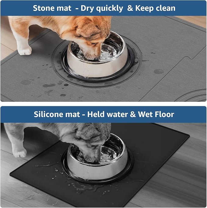 Yolife Extra Large Dog Water Bowl Mat, Fast Water Absorbing Stone Pet Feeding Mat for Messy Drinkers, Stone Drying Mat for Dogs Food and Water Bowls, Dog Cat Food Mats for Floors(31.5” x 19.7”, Grey)