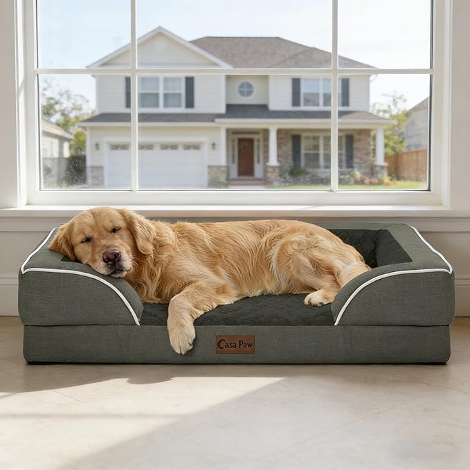 Orthopedic Dog Beds for Extra Large Sized Dogs, Waterproof Memory Foam XL Pet Bed with Sides 48x30Inch, Non-Slip and Egg-Crate Foam Big Dog Couch Bed with Removable Washable Cover, Dark Green