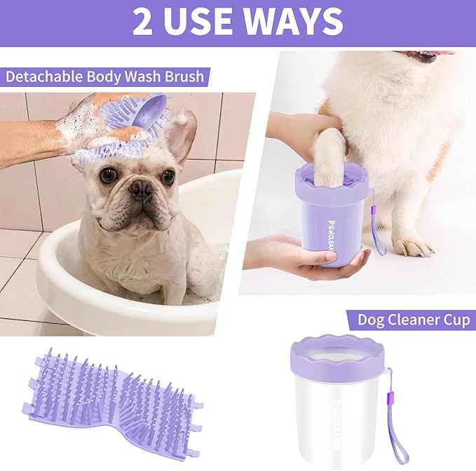 Professional 7 in 1 Dog Paw Cleaner for Dogs & Cats - Includes 1 Portable Paw Washer, 1 Bath Brush, 2 Dog Toothbrushes and 3 Absorbent Towels Note: Fits Paws up to 2 Inches Wide (Small, Purple)