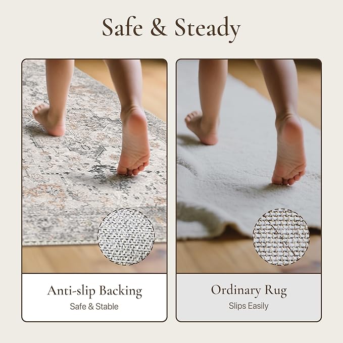 GENIMO 2x16 Runner Rugs for Hallway, Machine Washable Non Slip Vintage Rugs, Low Pile Soft Chenille Print Rug for enrtyway, Corridor, Home Office,Light Taupe Brown