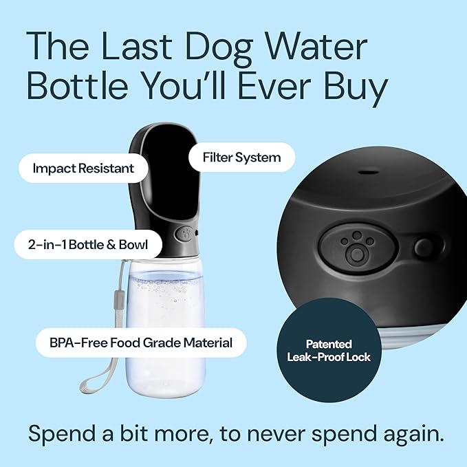 MalsiPree Dog Water Bottle Dispenser - 12 oz Black - Leak-Proof Lock & One-Hand Operation - On The Go Dog Water Dispenser - Pet Travel Bottle with Built-in Bowl, Travel & Hiking Ready