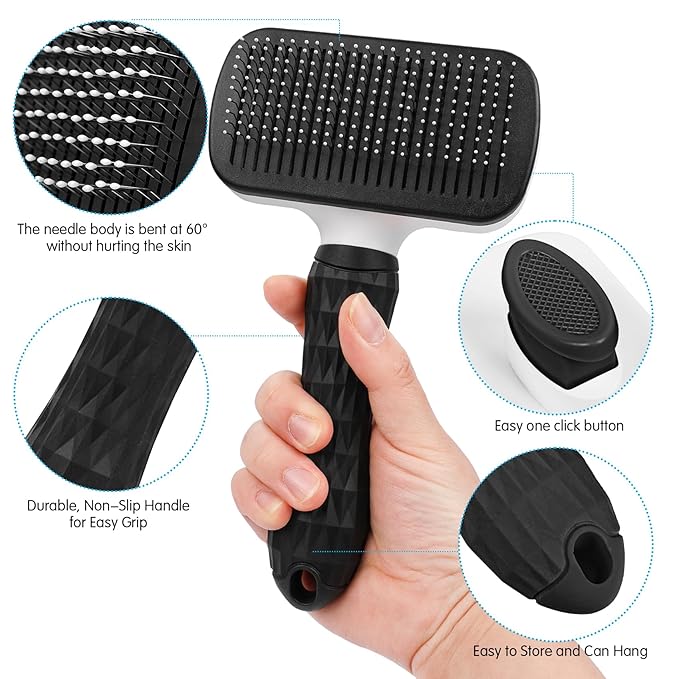 Dog & Cat Brush, Black Self Cleaning Slicker Brush for Pets, Upgraded Dog Brush for Shedding Massaging and Grooming, Removes Loose Undercoat & Portable Comb for Long Short Haired Dogs