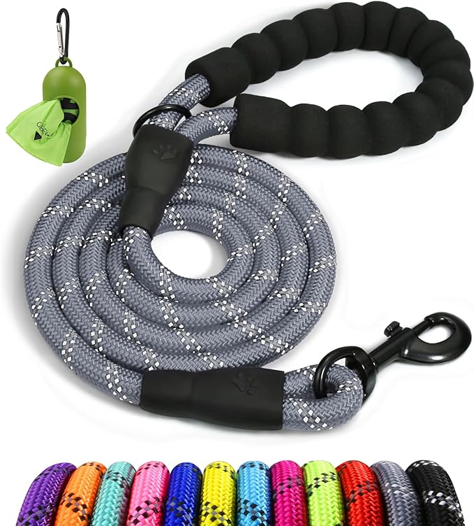 Taglory Rope Dog Leash 5 FT with Comfortable Padded Handle, Highly Reflective Threads Leash for Medium Large Dogs, 1/2 inch, Grey