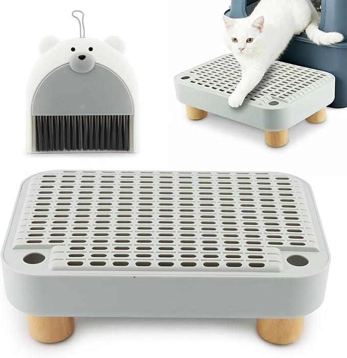 Pet Supplies Cat Litter Box Step Ramp with Wooden Base, Non-Slip Washable Step Pedal Stool, Anti-Tracking Catcher for Kitten and Elderly Cats