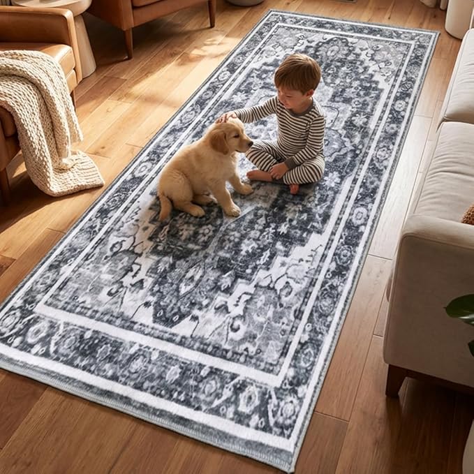 Muddy Mat짰 Onyx 3ft x 7ft Washable Area Rugs for Living Room, Bedroom & Dining Room ??Modern Soft Low Pile Non Slip Carpet ??Pet Friendly Waterproof Foldable Rugs for Home