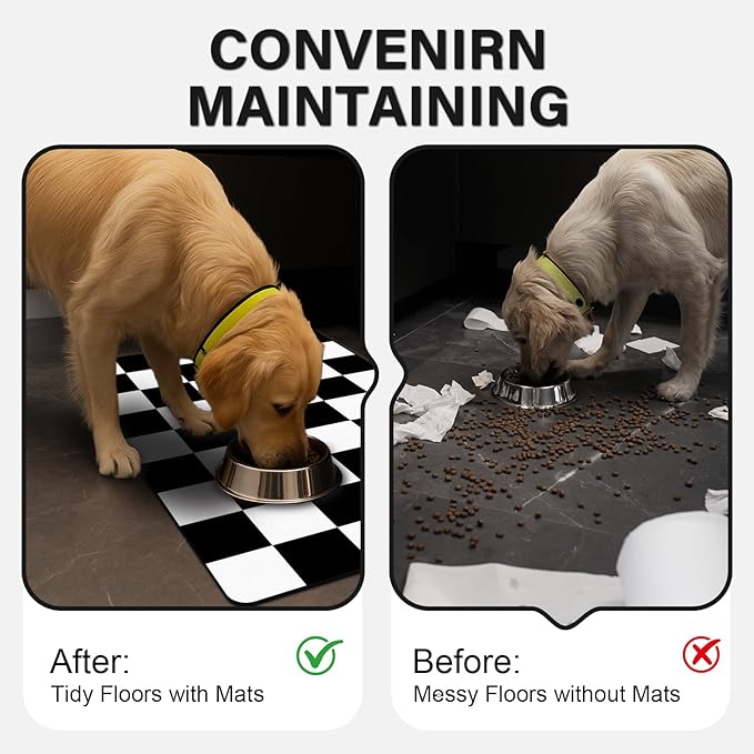 Cat Food Mat - 12"x 20" Cat Dog Mats for Food and Water Bowl, Checkered Pet Placemat Feeding Mat, Non-Slip Under Pet Bowls Mats for Messy Drinkers, Black & White