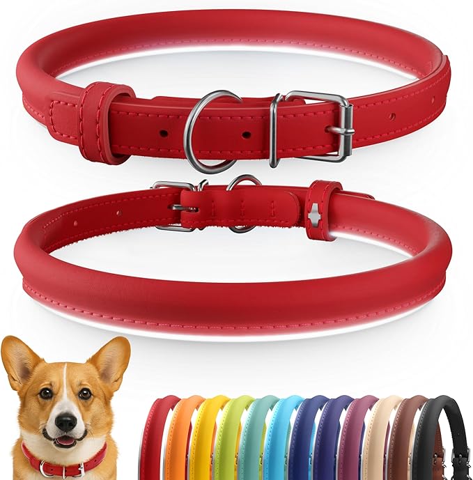 CollarDirect Rolled Leather Dog Collar, Soft Padded Round Puppy Collar, Handmade Genuine Leather Collar Dog Small Large Cat Collars 13 Colors (12-15 Inch, Red Smooth)