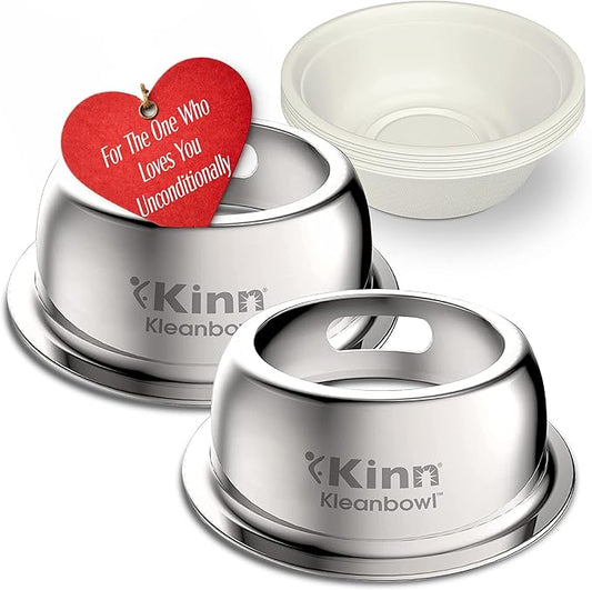 Kinn Kleanbowl Pet Bowl Stainless Steel Frame with Compostable Refills, 32 oz (Pack of 2) – Spill-Proof Stable Disposable Pet Bowls for Easy Cleaning and Healthy Pets, No Plastic