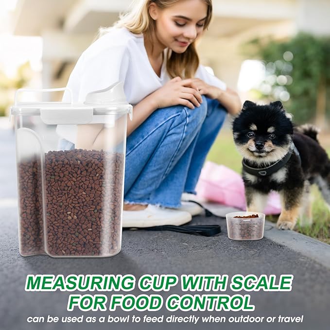 TBMax 2 Pack Cat Dog Food Storage Containers 10 to 14 Lbs, Portable Travel Pet Container Dispenser with Easy-Pouring Spout & Cup, Airtight Bird Seed Container Dog Treat Storage Bin -White