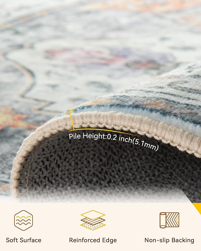 Area Rugs 2'x6' Runner Rug Non Slip Washable for Kitchen Hallway Bedroom Beside Laundry Room Bathroom Rug, Floor Carpet, Light Yellow Carbon Grey Orange
