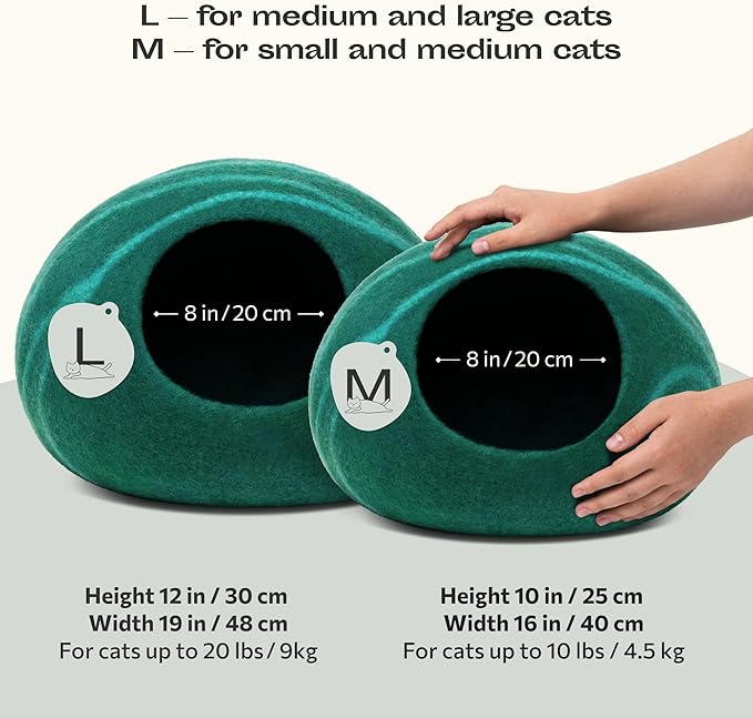 MEOWFIA Cat Cave – Premium Felt Cat Bed for Indoor Cats, Handmade Merino Wool (Emerald, Medium)
