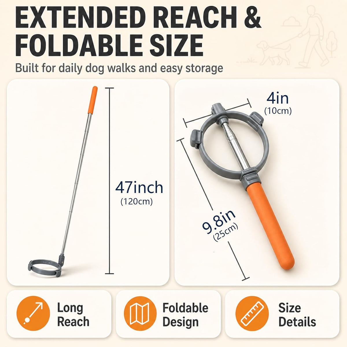 Dog Pooper Scooper with Bags, 47" Long Handle Dog Waste Picker Telescoping No-Bend Pet Pooper Scooper with Bag-Securing Tabs, Portable Dog Waste Picker for Yard, Walks & Travel