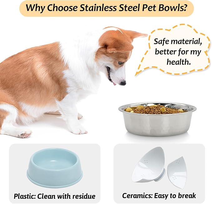 Fhiny 3 Pack Hammered Stainless Steel Cat Bowls, 2 Cups/16 Oz Premium Metal Puppy Feeder Bowl Set for Raised Feeding Station Basic Kitten Food & Water Dishes for Small & Medium Pets Dishwasher Safe