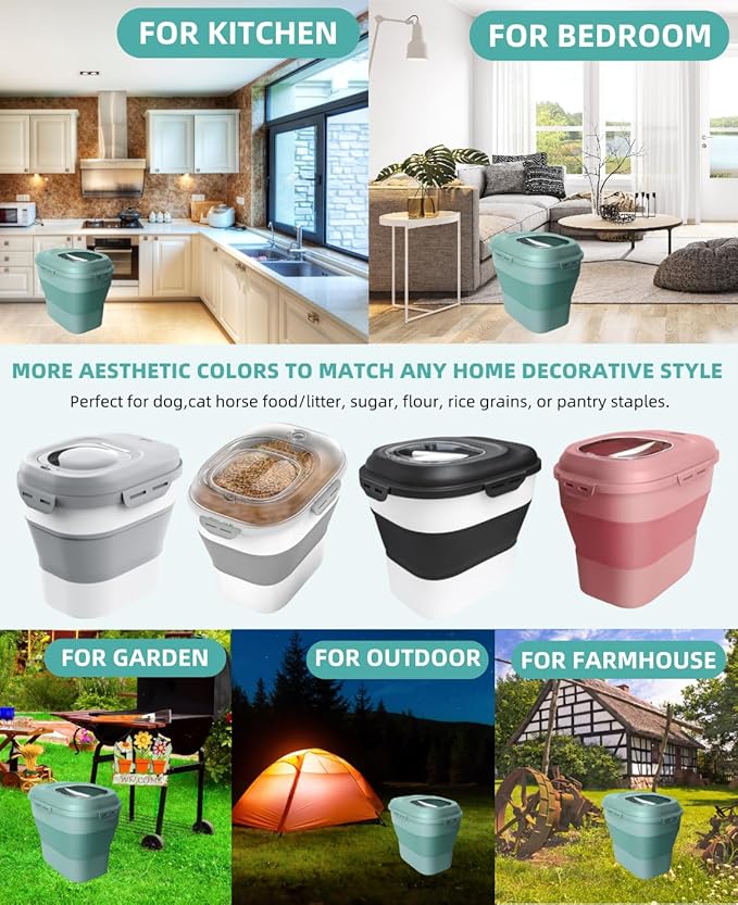 30-35 Lbs Dog Food Storage Container Collapsible Dog Food Container with Airtight Lids, Wheels, Scoop and 2pcs Food Storage Containers, Large Pet food storage for Dog, Cat (Green)
