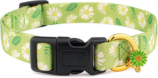 Cotton Handmade Dog Collar for Small Medium Large Dogs,Green Daisy with Pendant Cute Dog Collars (Large)