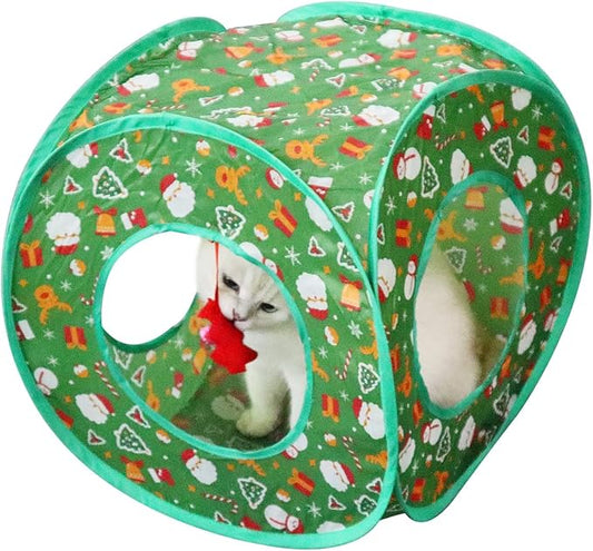 Andiker Cat Tent, 3 Holes Safe and Strong Cute Cats Tunnel Collapsible Easy to Carry Cat House for Indoor Cats Kittens Hiding Playing Training Sleeping (Square Green)